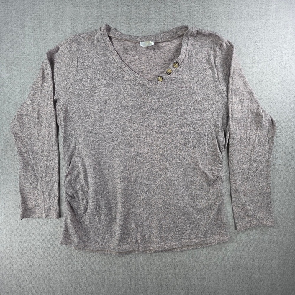 Sirenlily Maternity Top Womens XL Pink Heathered Button VNeck Ruched Long Sleeve